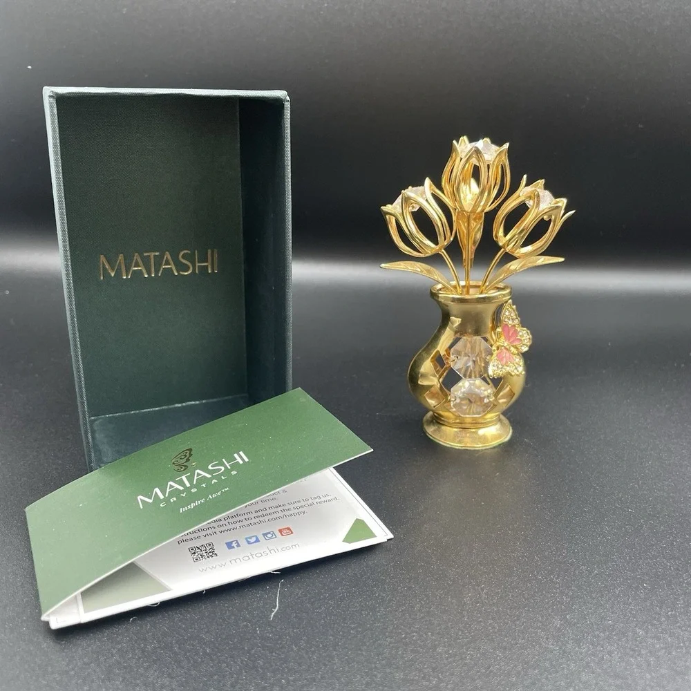 Matashi 24K Gold Plated Crystal Studded Tulip‎ Flower Bouquet Butterfly in Vase